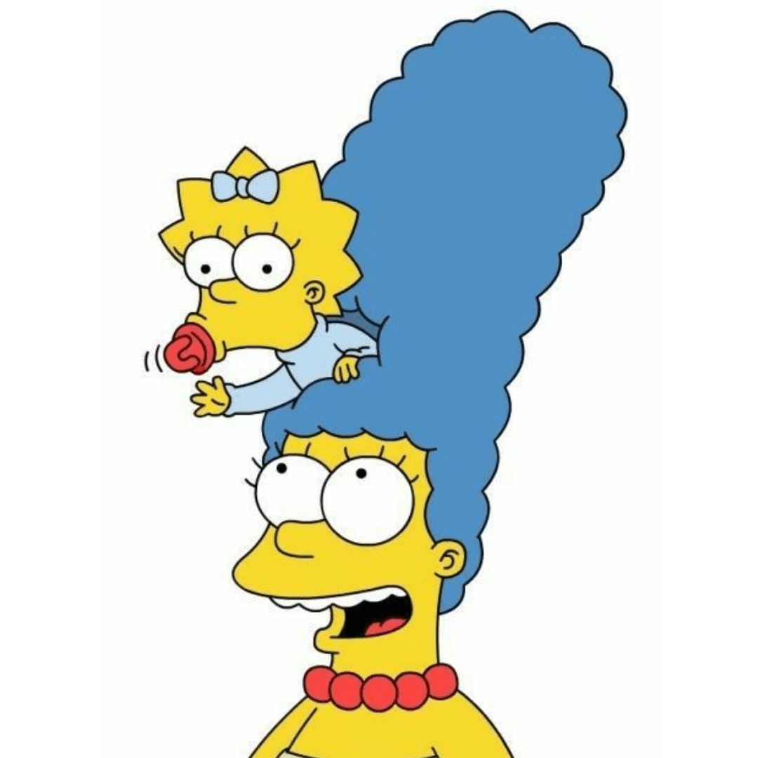 Marge Simpson, se muestra desde el torso hacia arriba con su característico vestido verde y su pelo azul. Tiene una expresión sonriente y divertida. Dentro de su pelo, se asoma su hija Maggie, quien también sonríe. Esta imagen captura la relación afectuosa y cómica entre Marge y Maggie en la popular serie animada